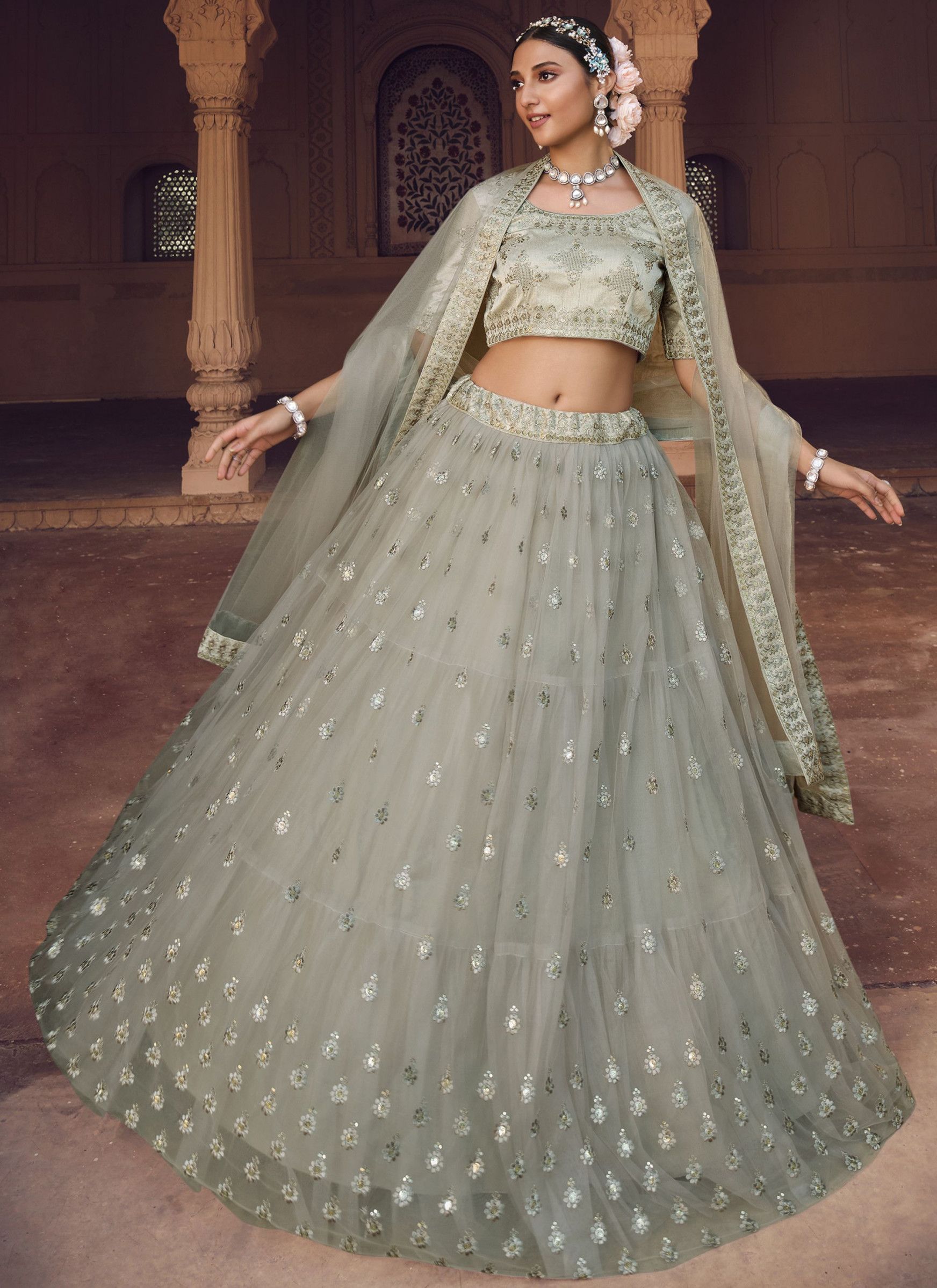 Soft Net Embroidery Work Grey Lehenga Choli For Wedding