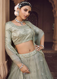 Soft Net Embroidery Work Grey Lehenga Choli For Wedding