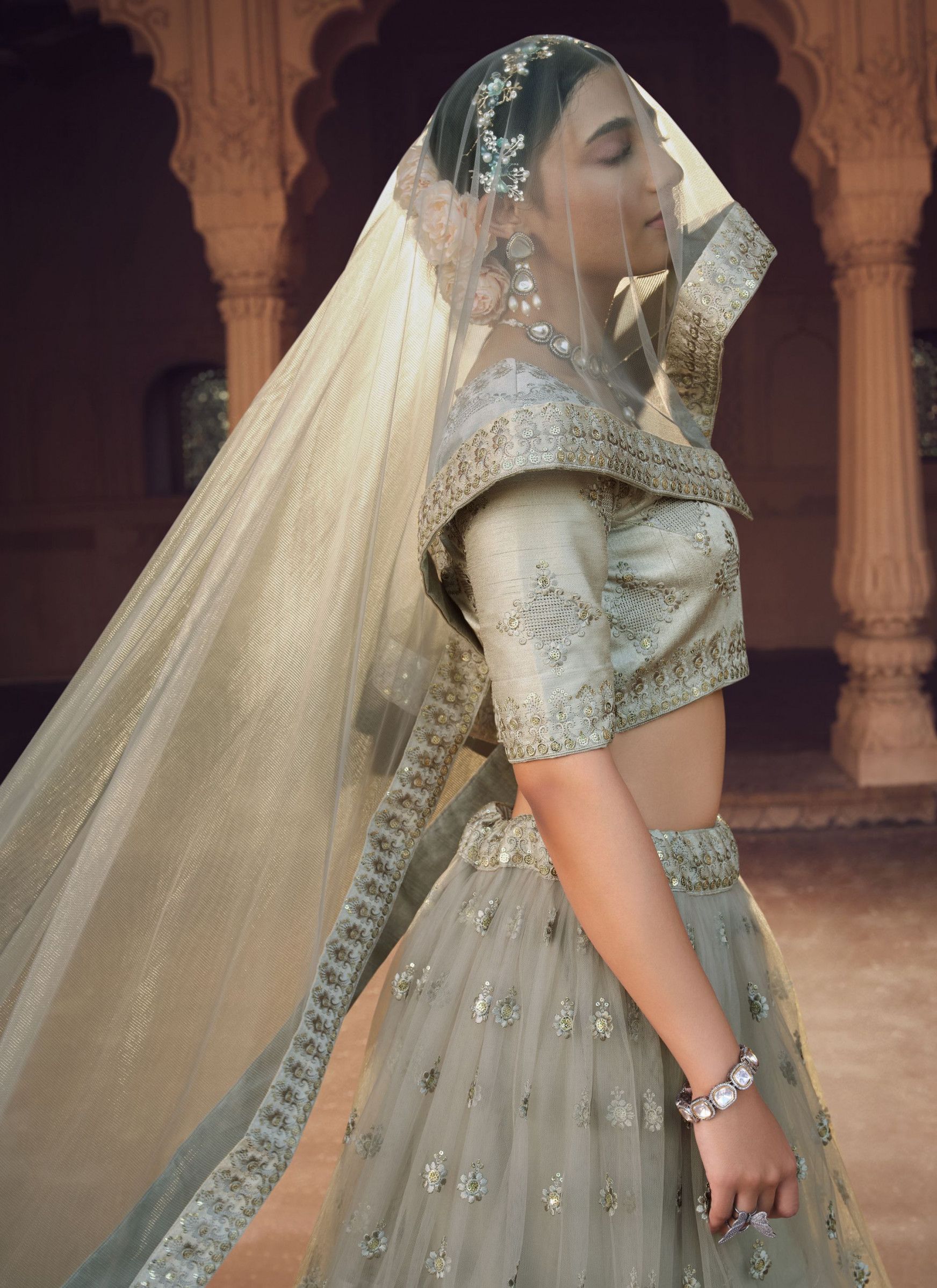 Soft Net Embroidery Work Grey Lehenga Choli For Wedding
