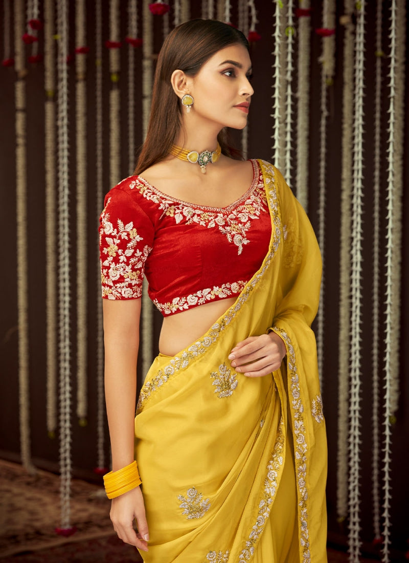Yellow Color Organza Indian Wedding Saree With Red Blouse