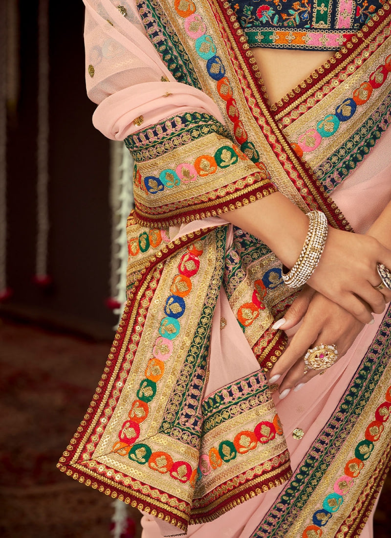 Simple Wedding Wear Pink Georgette Saree With Embroidery Work