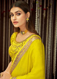 Zari Embroidery Work Chinon Silk Lemon Yellow Border Saree Design
