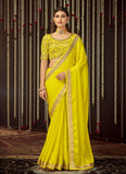 Zari Embroidery Work Chinon Silk Lemon Yellow Border Saree Design