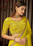 Zari Embroidery Work Chinon Silk Lemon Yellow Border Saree Design