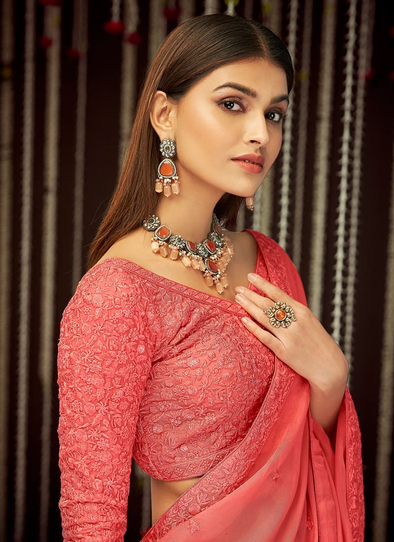 Wedding Wear Organza Pink Color Border Saree Design