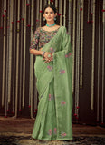 Thread Embroidery Work Designer Light Olive Green Saree