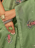 Thread Embroidery Work Designer Light Olive Green Saree