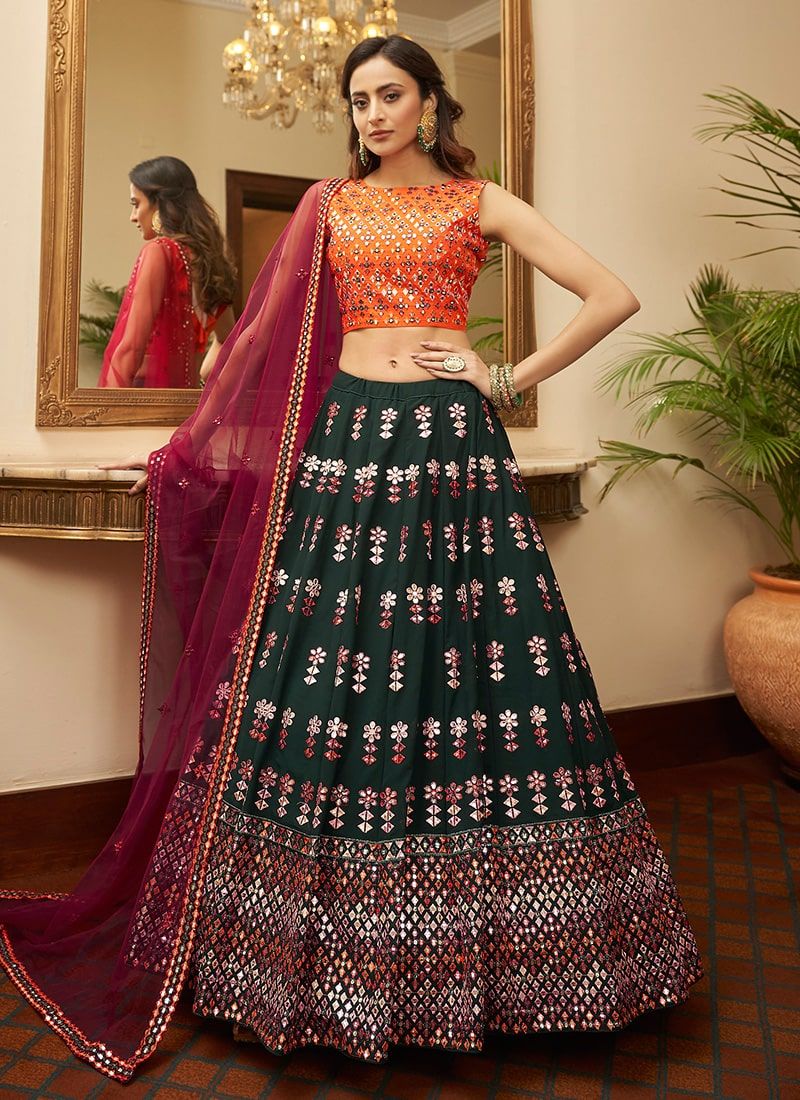 Elegant Look Bottle Green Georgette Lehenga With Gota Patti Work