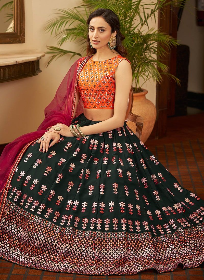 Elegant Look Bottle Green Georgette Lehenga With Gota Patti Work
