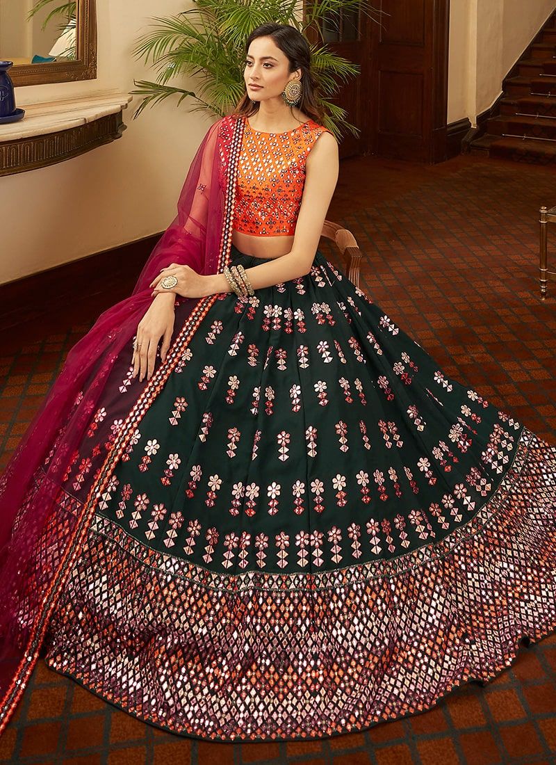 Elegant Look Bottle Green Georgette Lehenga With Gota Patti Work