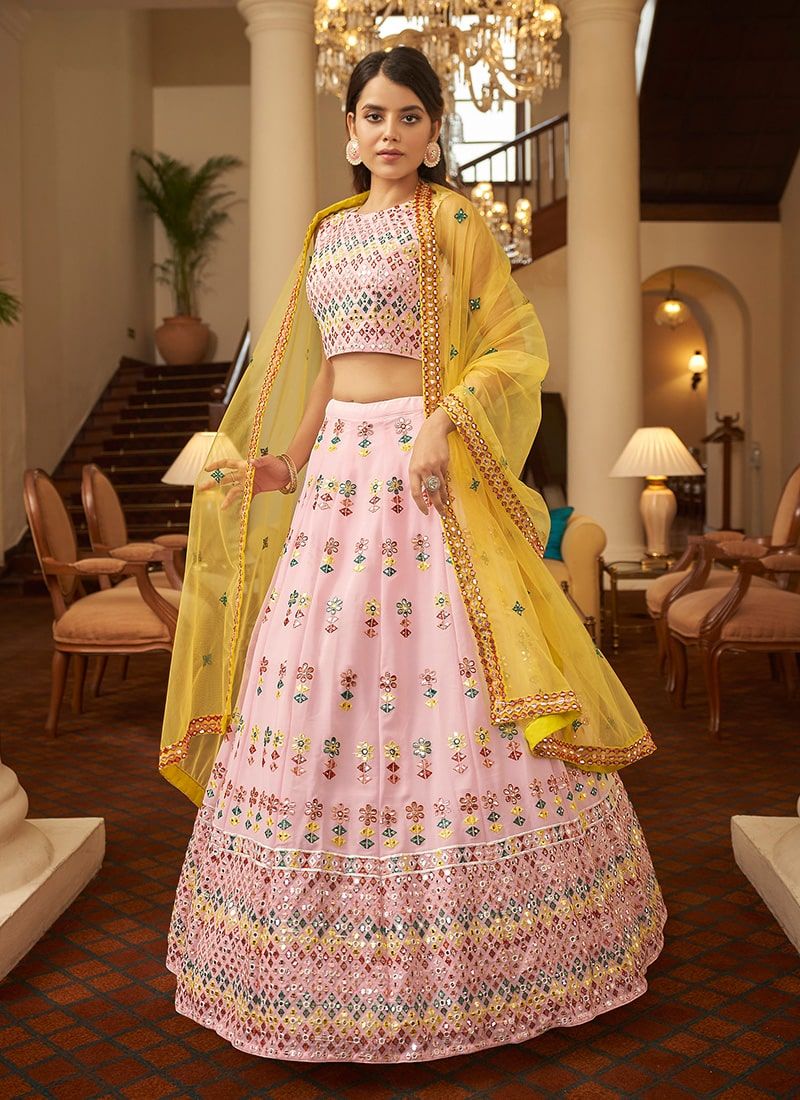 Pretty Light Pink Georgette Embroidery Work Lehenga Choli