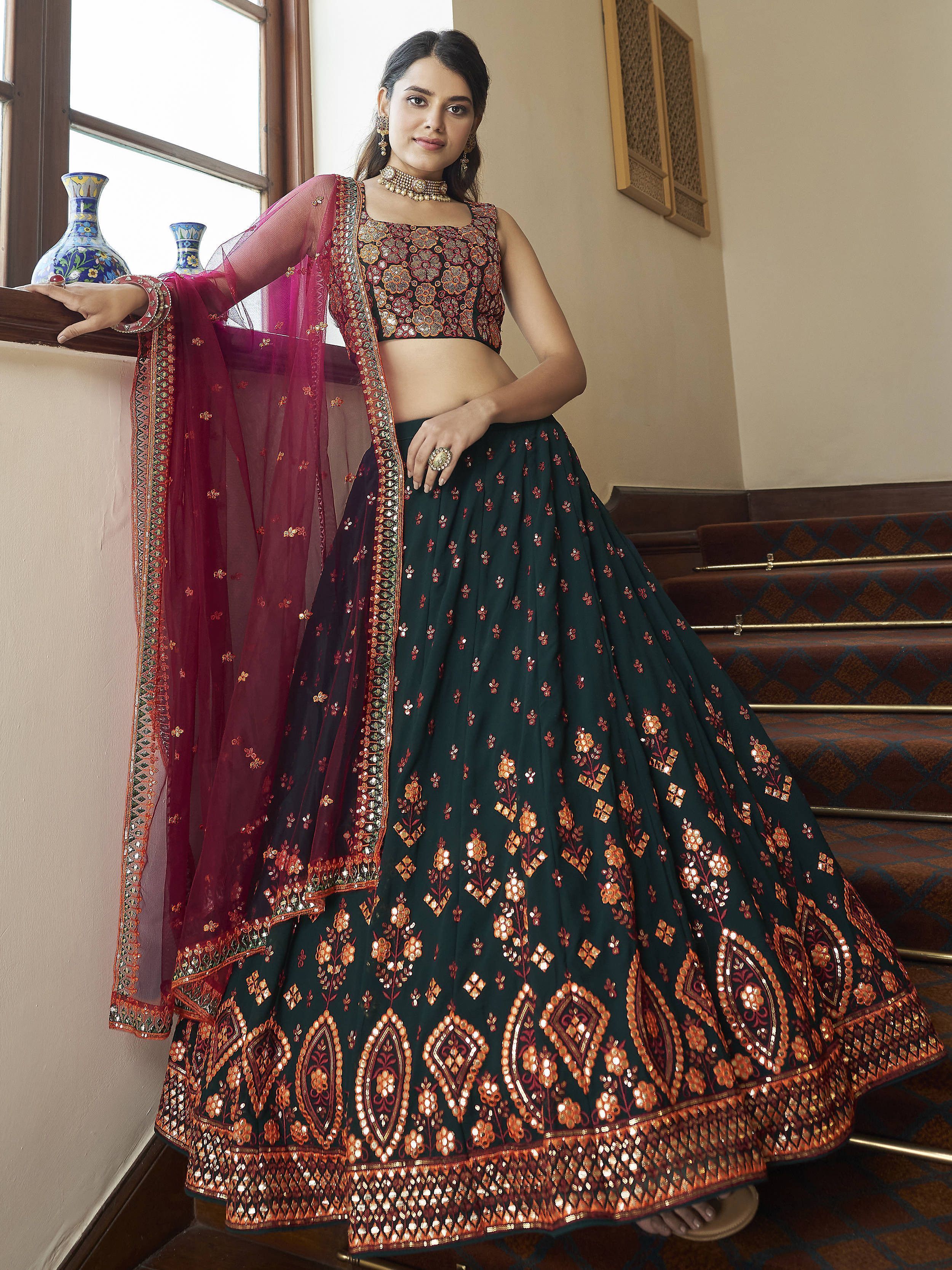 Green Designer Lehenga Choli Party Wear Gota Patti Embroidered Lehnga
