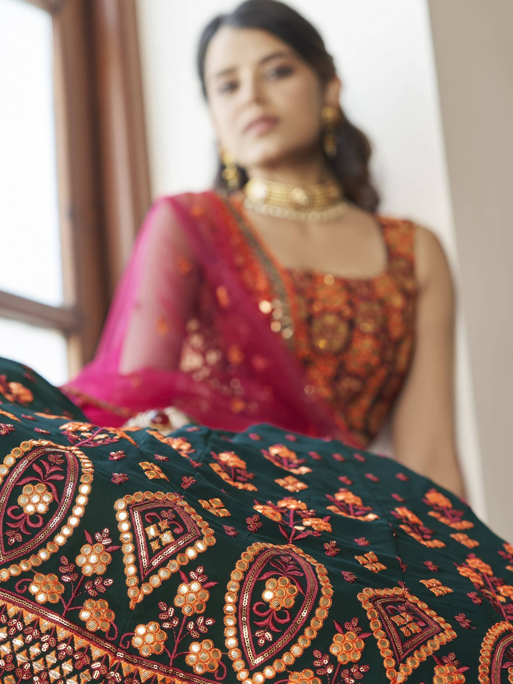 Green Designer Lehenga Choli Party Wear Gota Patti Embroidered Lehnga