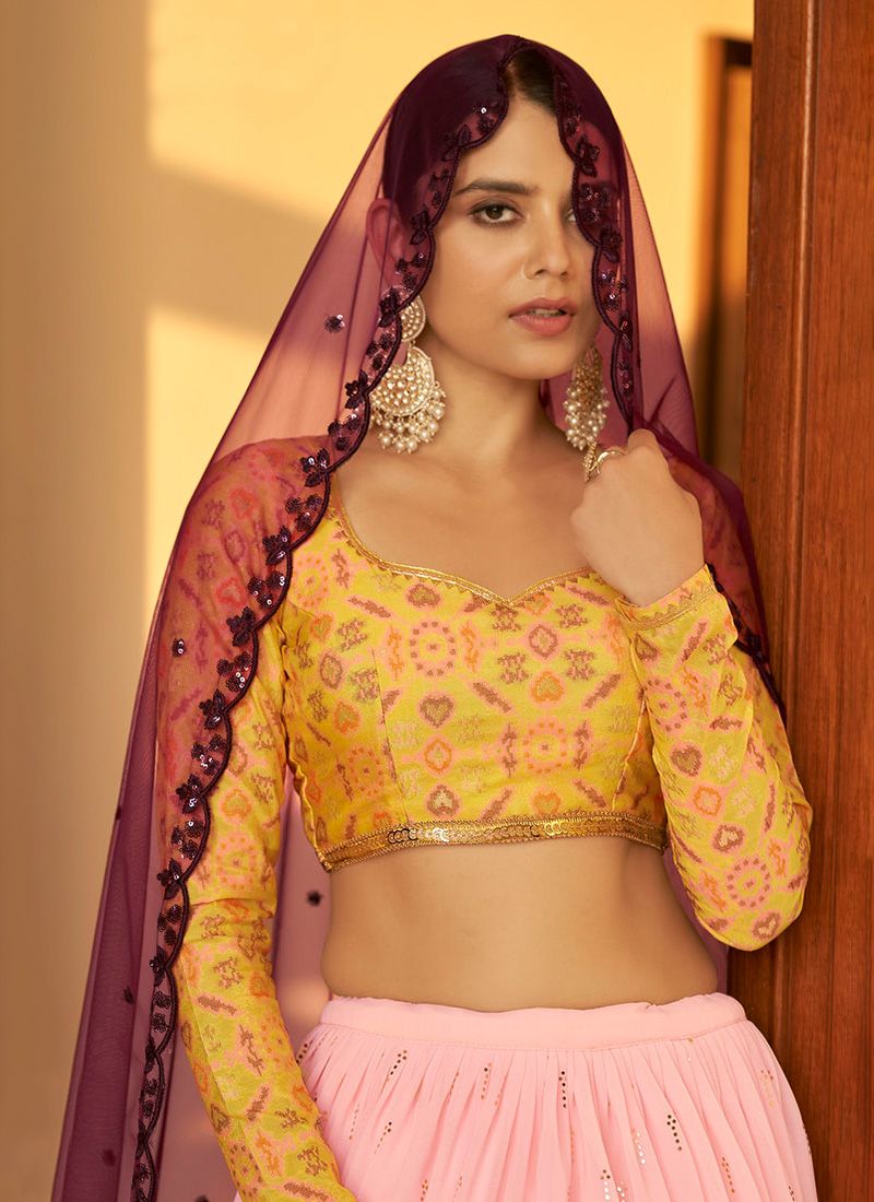 Amazing Light Pink Georgette Lehenga With Purple Dupatta