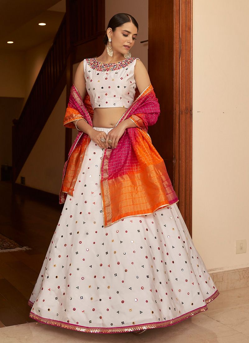 Georgette Fabric White Color Foil Mirror Work Lehenga Choli
