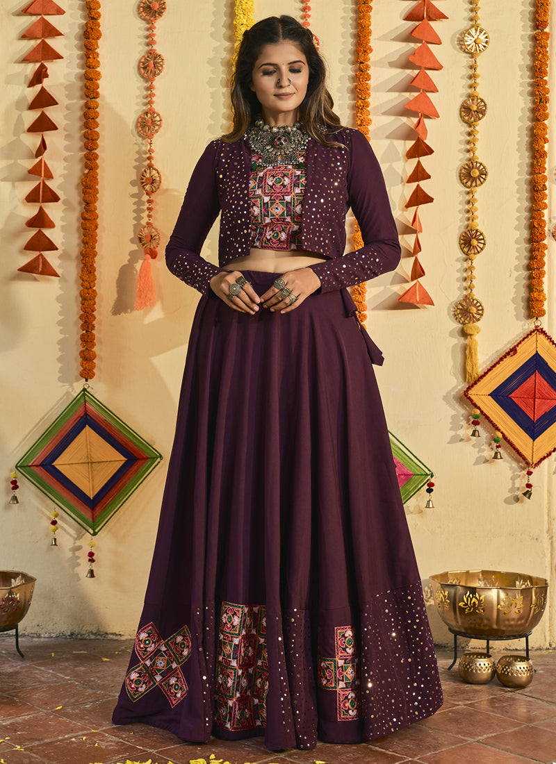 Mirror Work Purple Muslin Cotton Jacket Style Fancy Chaniya Choli