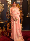 Peach Color Zari Weaving Satin Silk Sarees Blouse Design