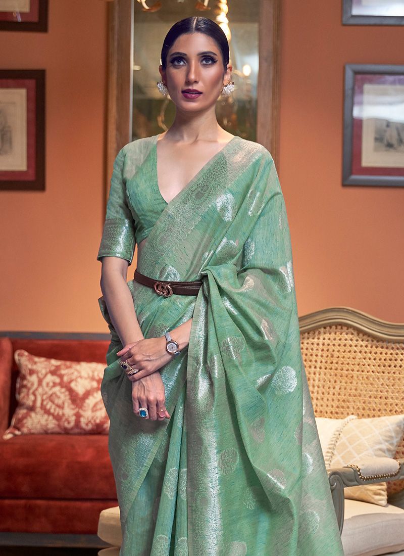 Fashionable Linen Mint Green Festive Wear Saree Online