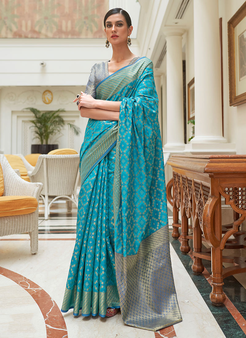 Dazzling Look Bandhani Patola Print Light Blue Silk Saree