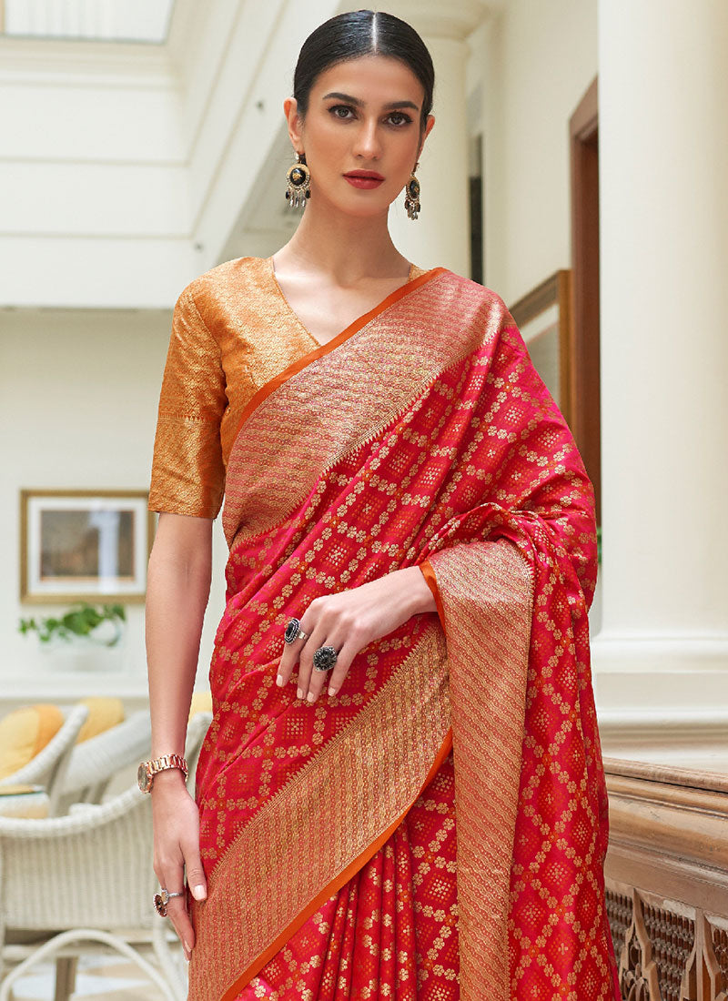 Red Color Bandhani Patola Print Silk Saree for Karwa Chauth