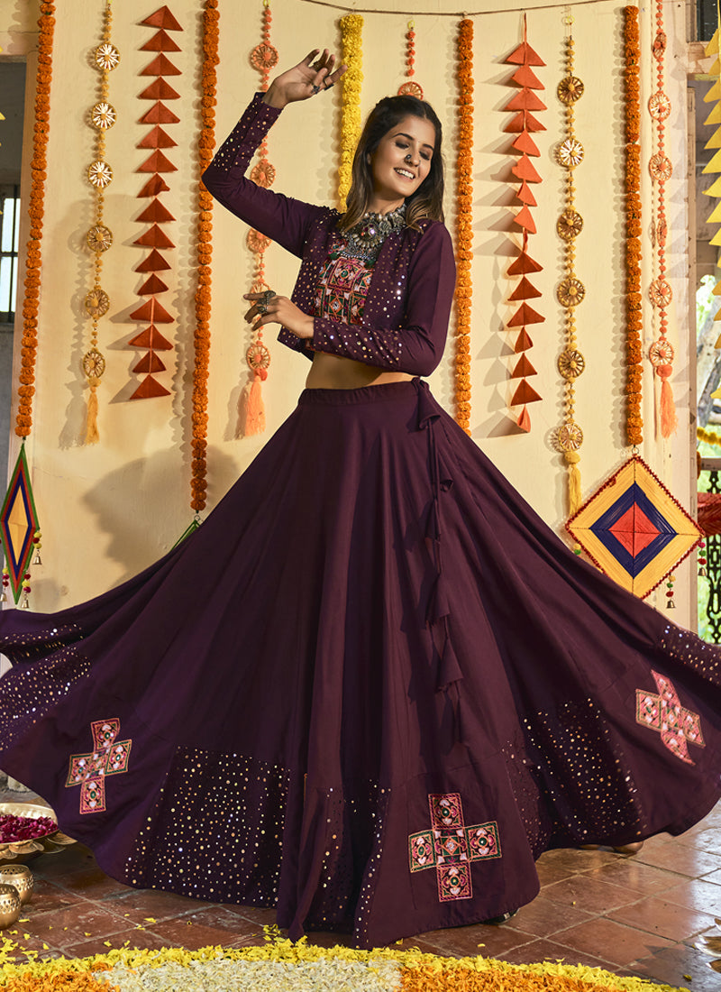 Mirror Work Purple Muslin Cotton Jacket Style Fancy Chaniya Choli