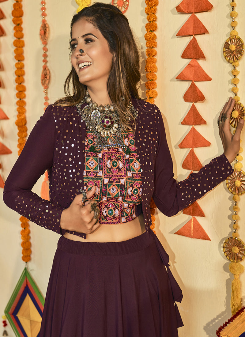 Mirror Work Purple Muslin Cotton Jacket Style Fancy Chaniya Choli