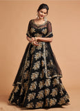 Wedding Wear Net Fabric Black Lehenga With Embroidery Work