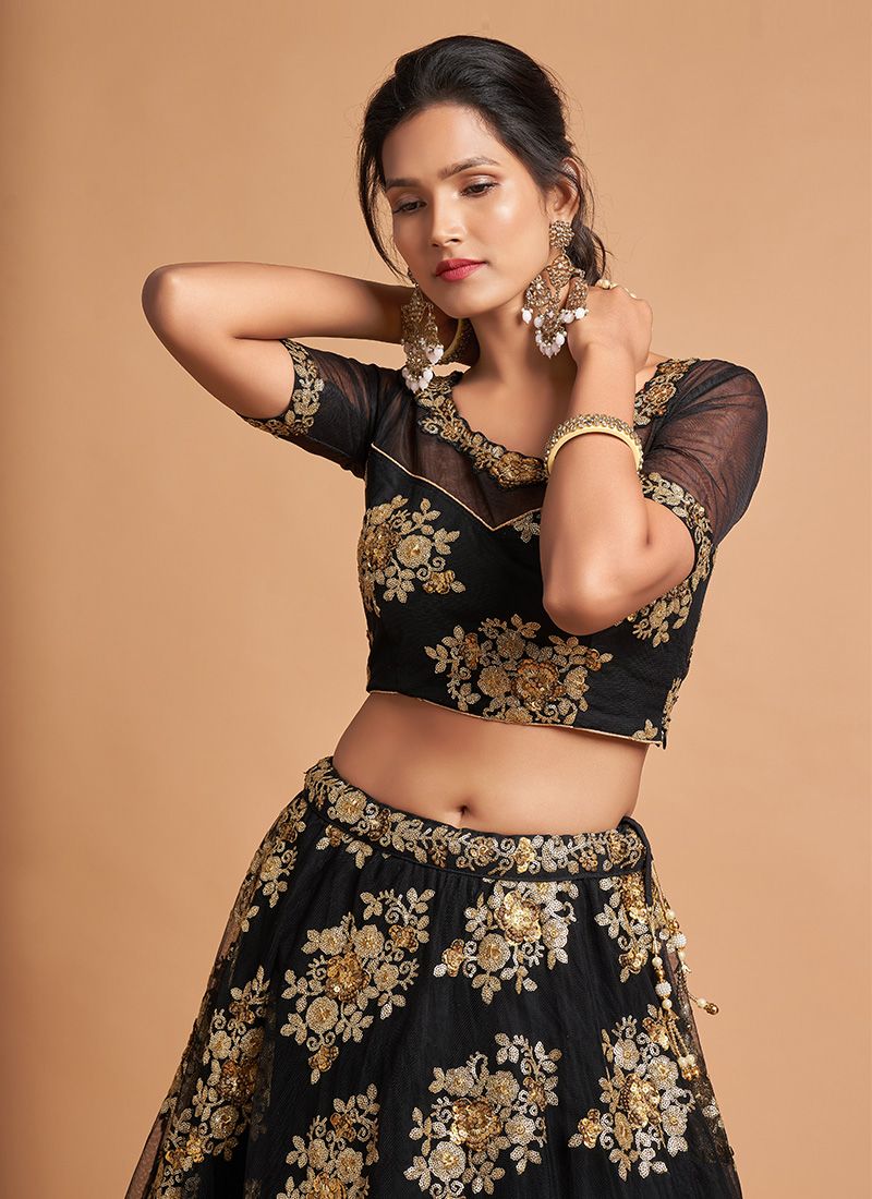 Wedding Wear Net Fabric Black Lehenga With Embroidery Work