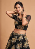 Wedding Wear Net Fabric Black Lehenga With Embroidery Work