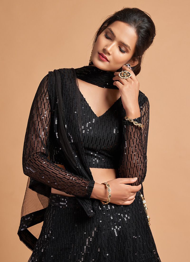 Black Color Net Sequins Work Reception Party Wear Lehenga