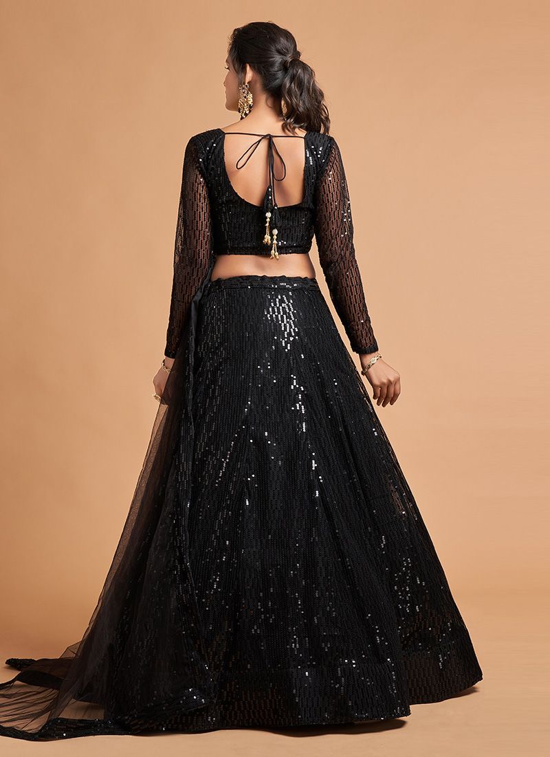 Black Color Net Sequins Work Reception Party Wear Lehenga