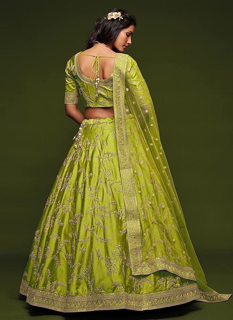 Art Silk Neon Green Embroidery Work Wedding Lehenga Choli