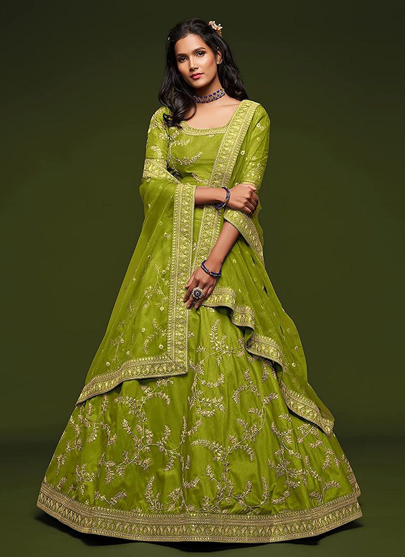 Art Silk Neon Green Embroidery Work Wedding Lehenga Choli