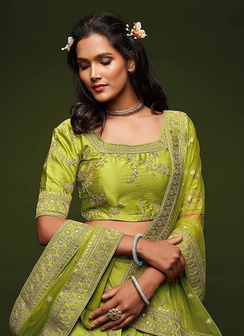 Art Silk Neon Green Embroidery Work Wedding Lehenga Choli