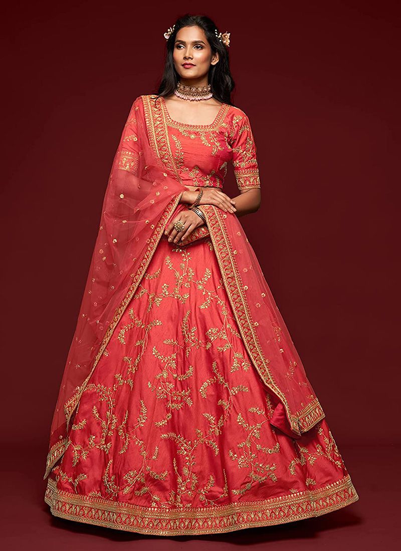 Embroidery Work Art Silk Red Wedding Lehenga for Bride