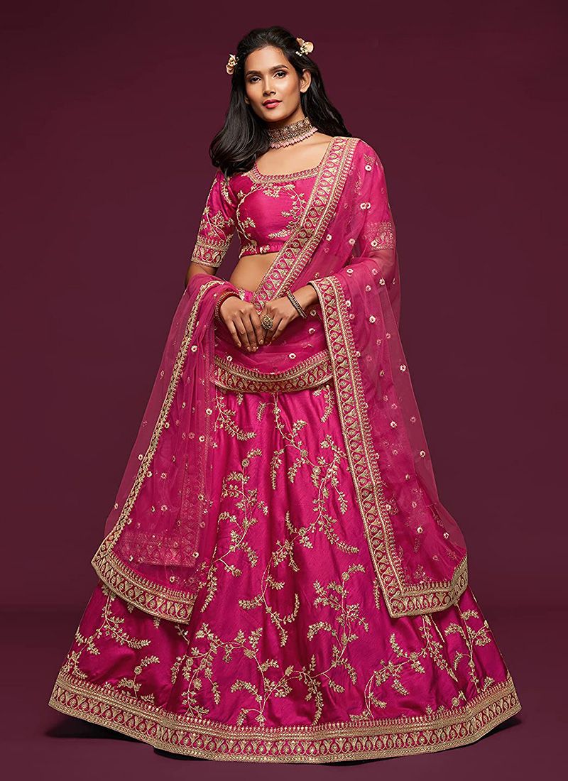 Delightful Wedding Wear Art Silk Embroidery Work Pink Lehenga