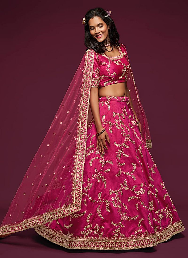 Delightful Wedding Wear Art Silk Embroidery Work Pink Lehenga