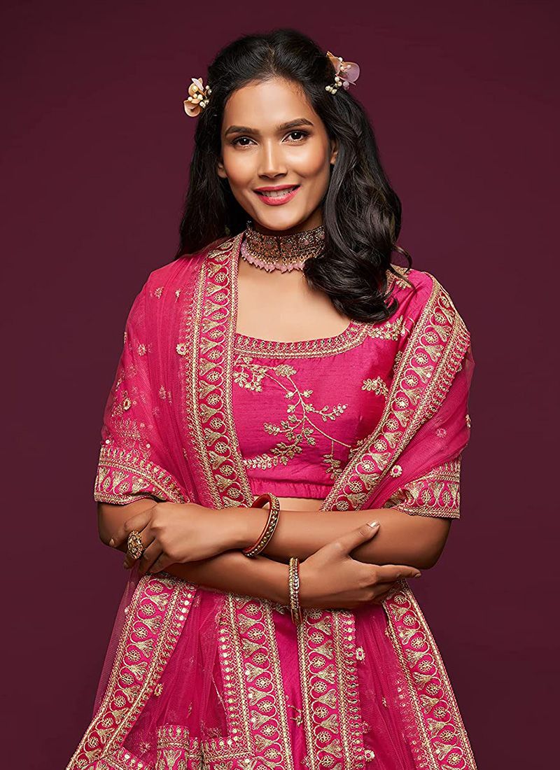 Delightful Wedding Wear Art Silk Embroidery Work Pink Lehenga