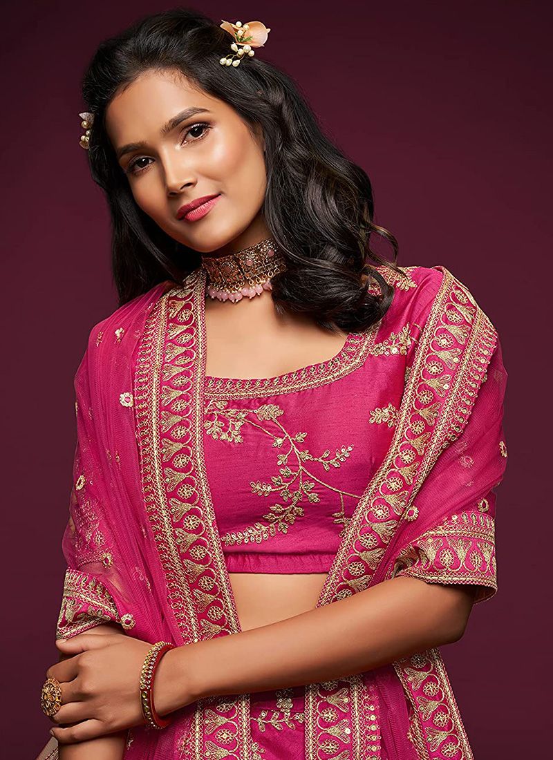 Delightful Wedding Wear Art Silk Embroidery Work Pink Lehenga