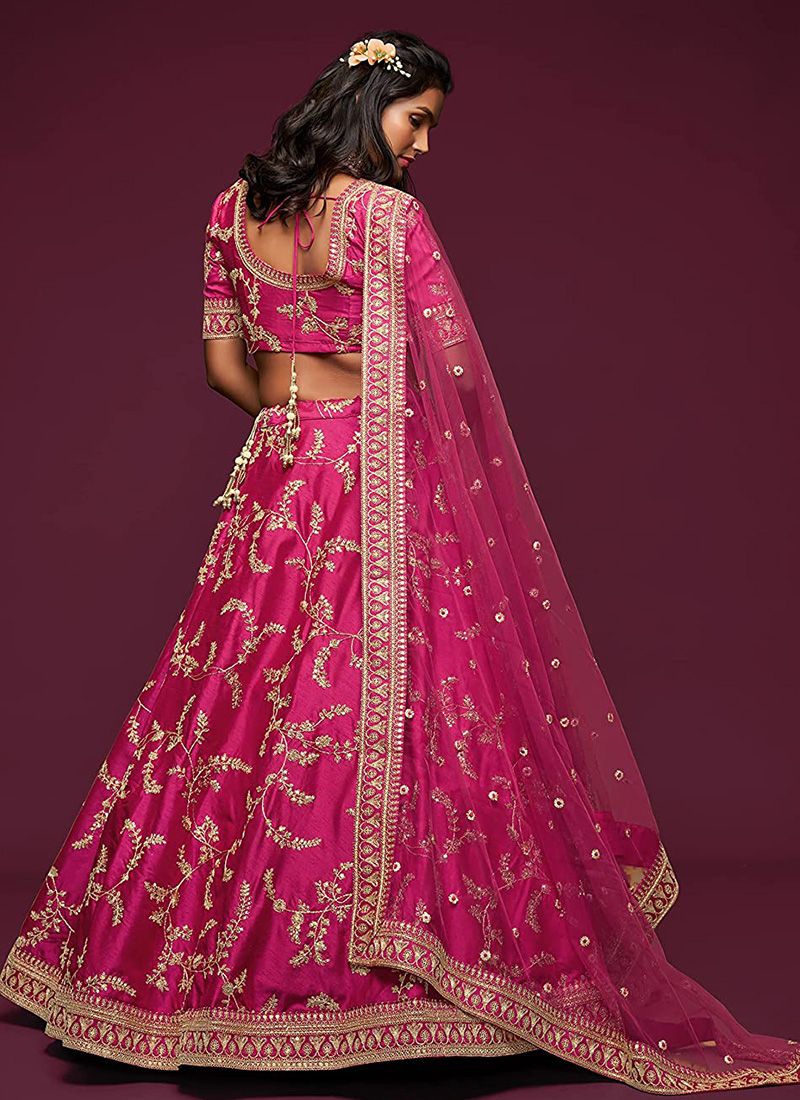 Delightful Wedding Wear Art Silk Embroidery Work Pink Lehenga