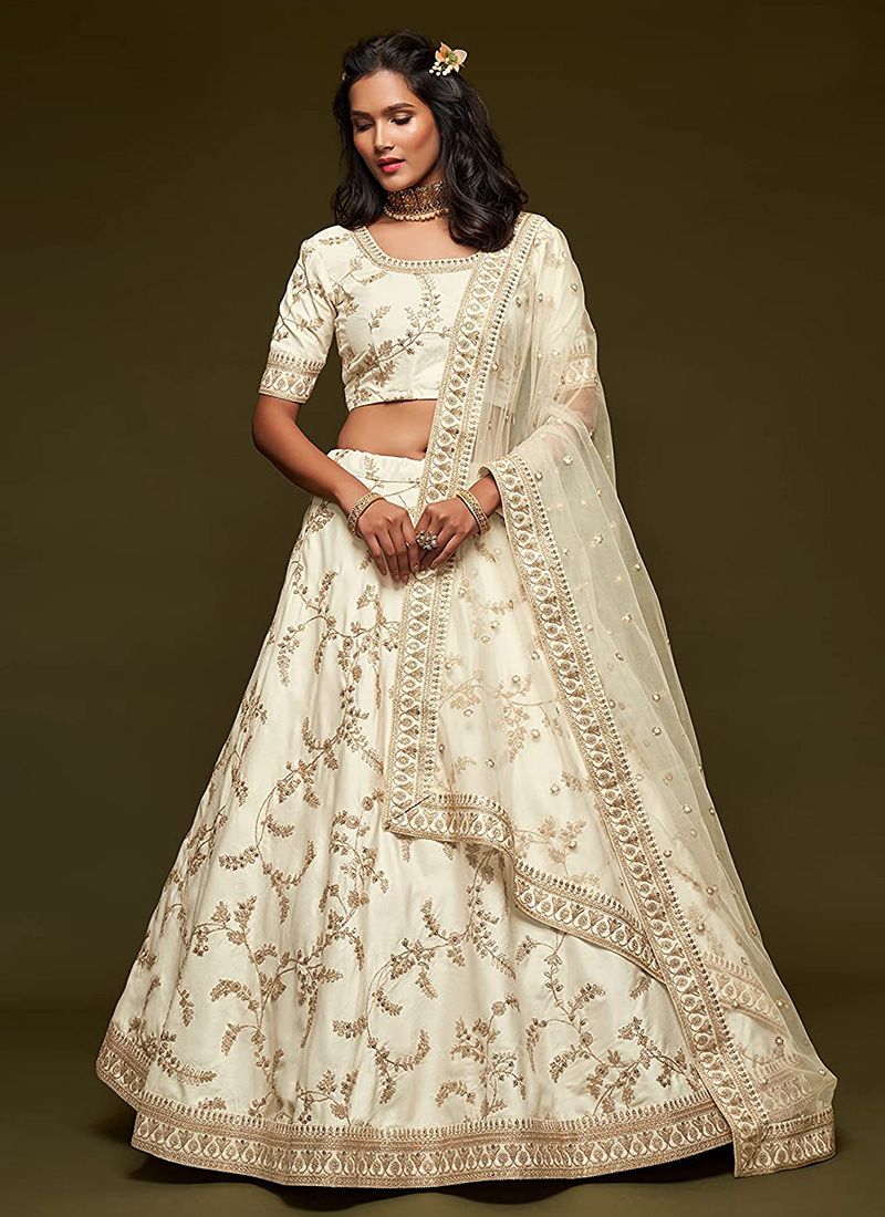 Embroidery Work White Lehenga in Art Silk Fabric