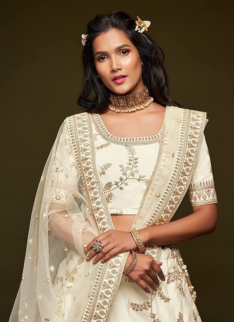 Embroidery Work White Lehenga in Art Silk Fabric