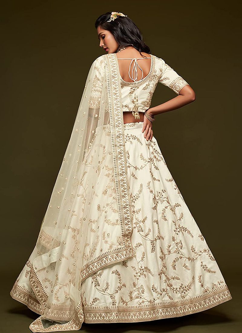 Embroidery Work White Lehenga in Art Silk Fabric