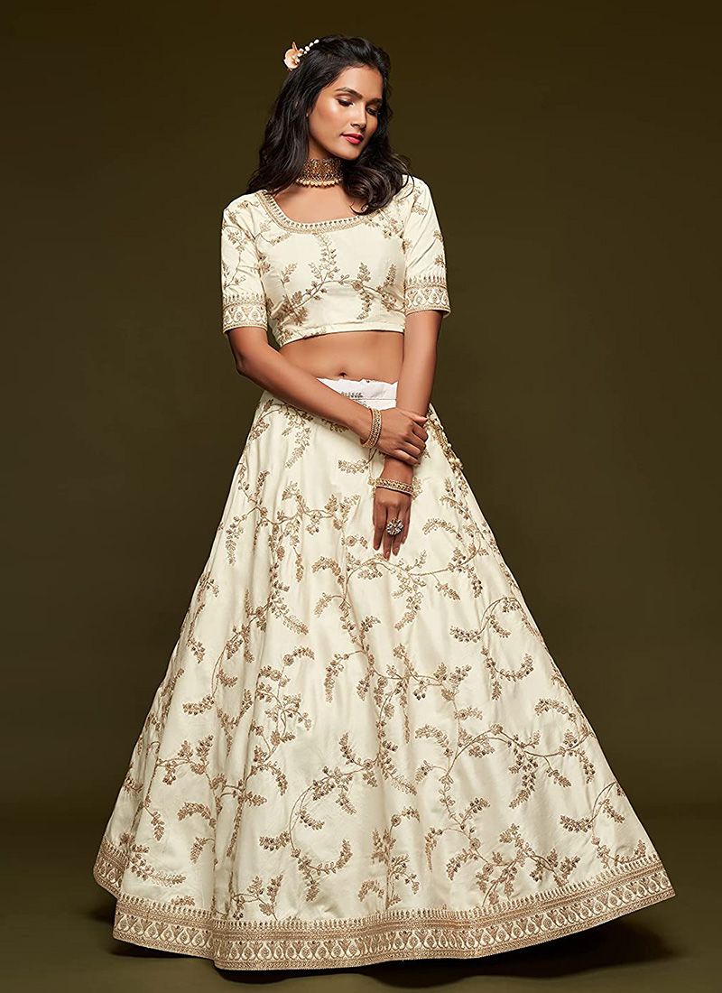 Embroidery Work White Lehenga in Art Silk Fabric