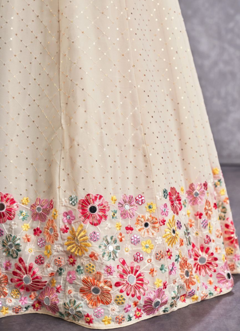 Amazing Georgette Floral Thread Work Beige Lehenga Choli Set