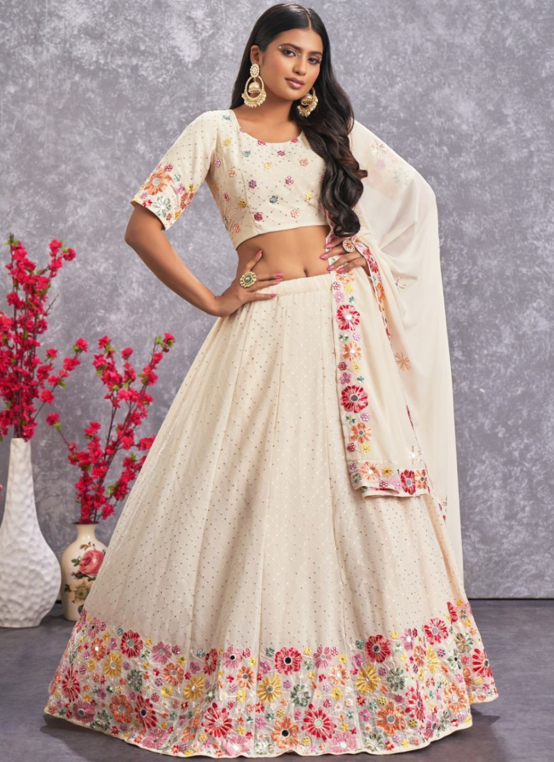 Amazing Georgette Floral Thread Work Beige Lehenga Choli Set