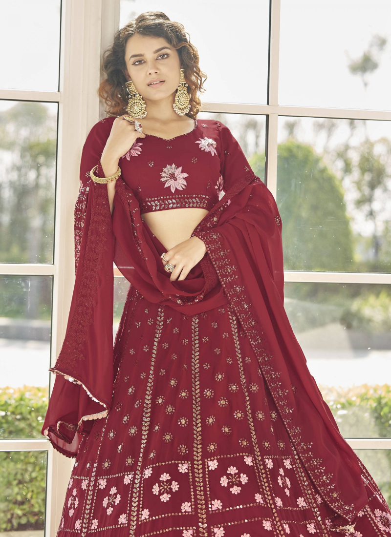 Maroon Color Georgette Indian Wedding Lehenga Choli
