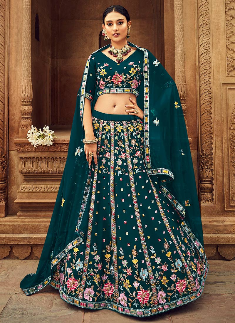 Attractive Teal Green Embroidery Work Georgette Lehenga