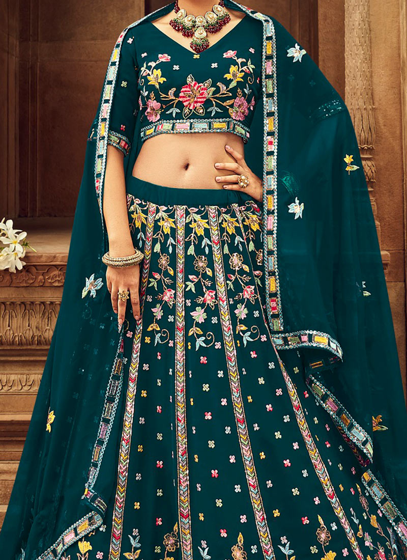 Attractive Teal Green Embroidery Work Georgette Lehenga