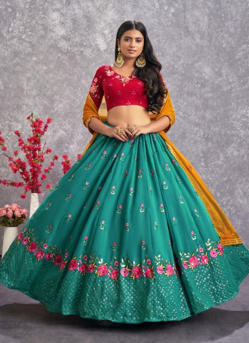 Beautiful Firozi Blue Floral Thread Work Georgette Lehenga Choli